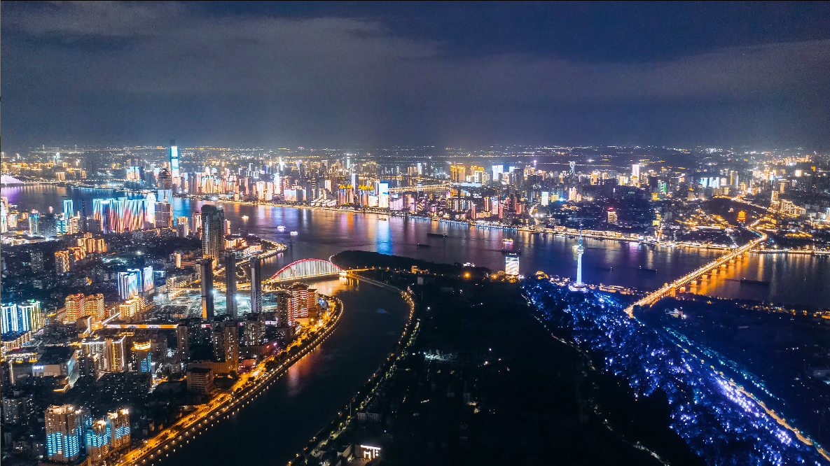 武汉长江地标夜景航拍