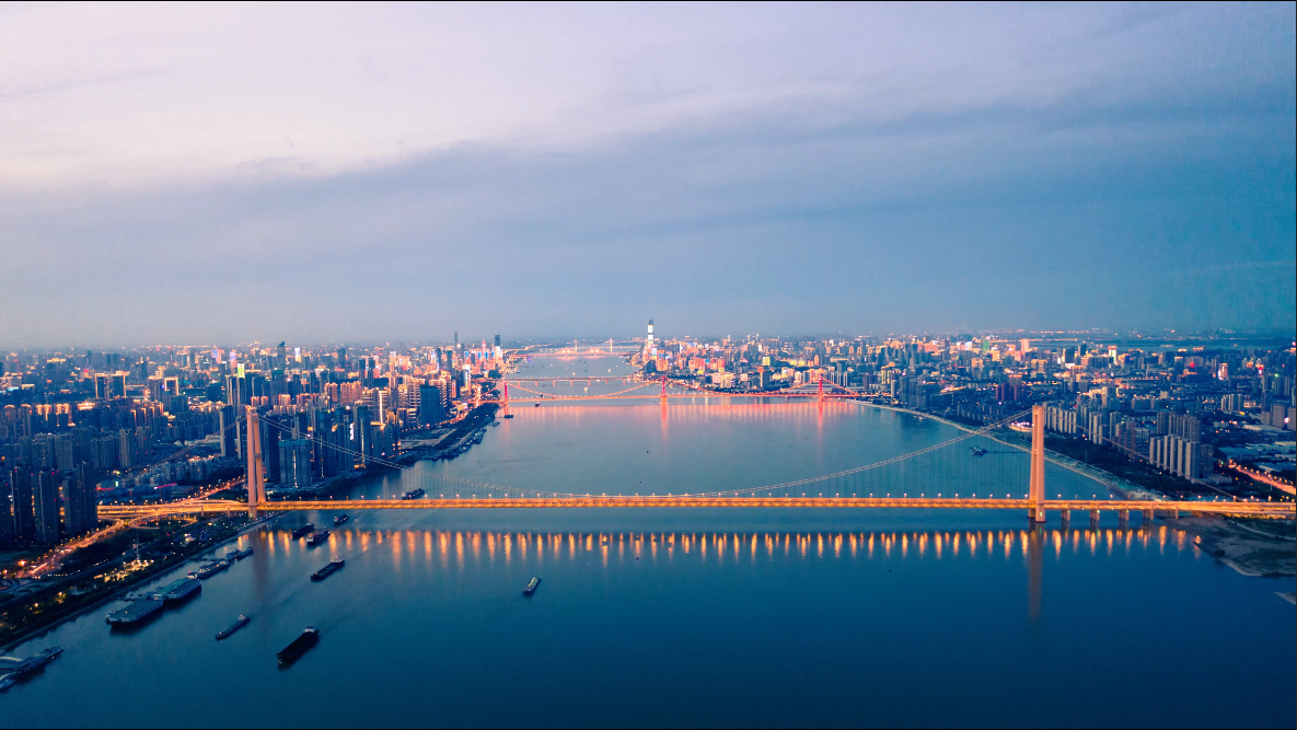 武汉长江地标夜景航拍
