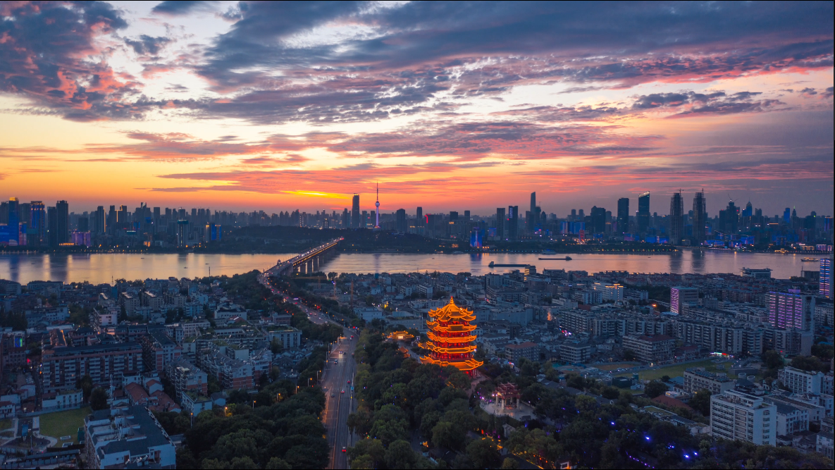 湖北武汉日出延时航拍全景